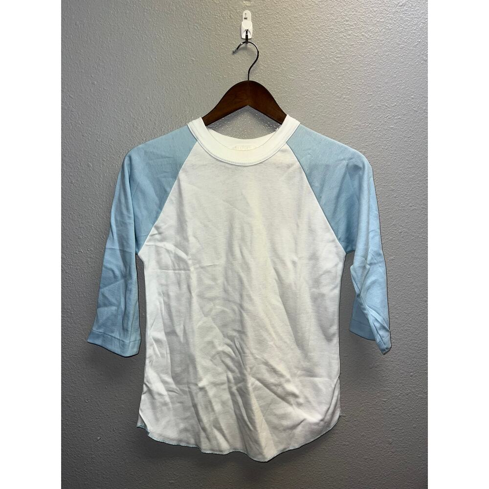 80s Women's Vintage Lucky Star White Blue Raglan Shirt Top Women M